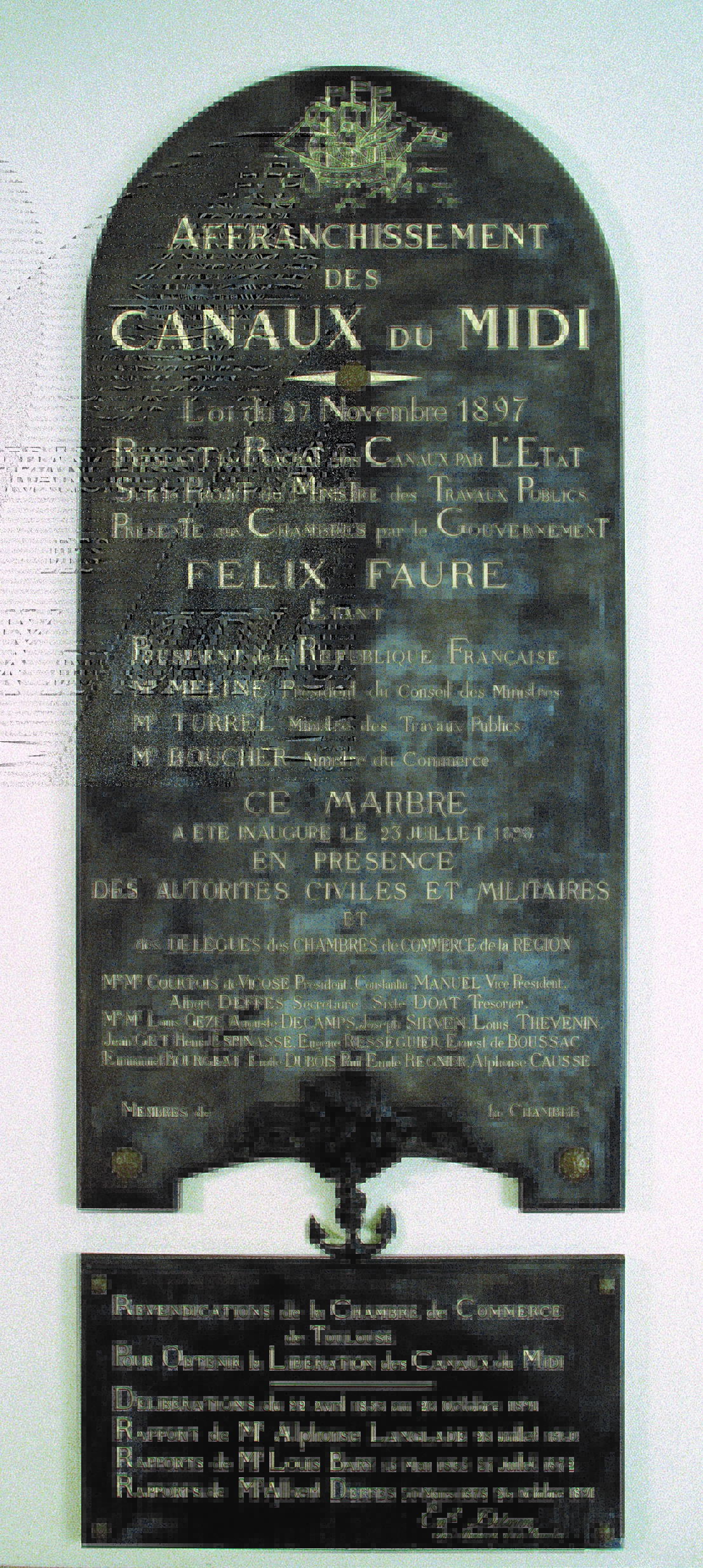 Histoire CCI Toulouse - Plaque commémorative Affranchissement du Canal du midi - 1898